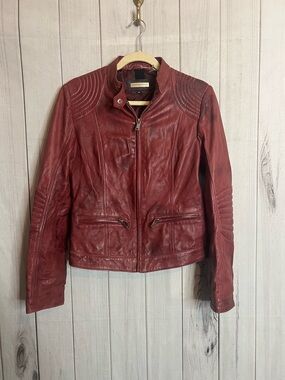 Black Rivet Red Leather Moto Jacket with Quilted Shoulders